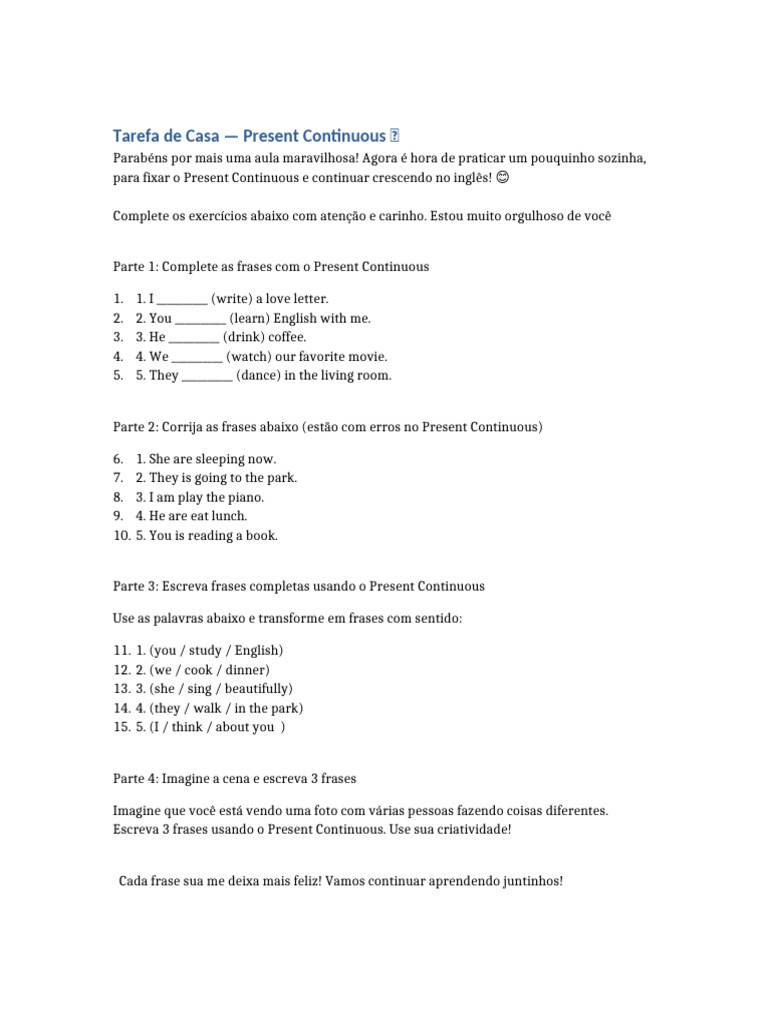 Exercícios de Present Continuous para Iniciantes | PDF