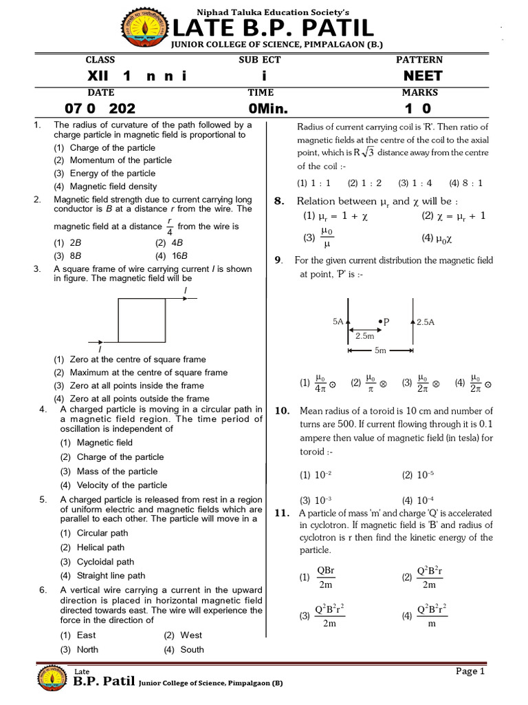 NEET Physics Exam Paper XII-D1 | PDF | Magnetism | Magnetic Field