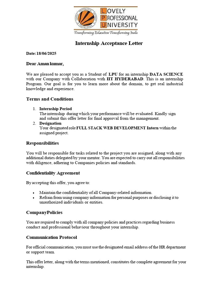 Internship Acceptance Letter for Data Science | PDF