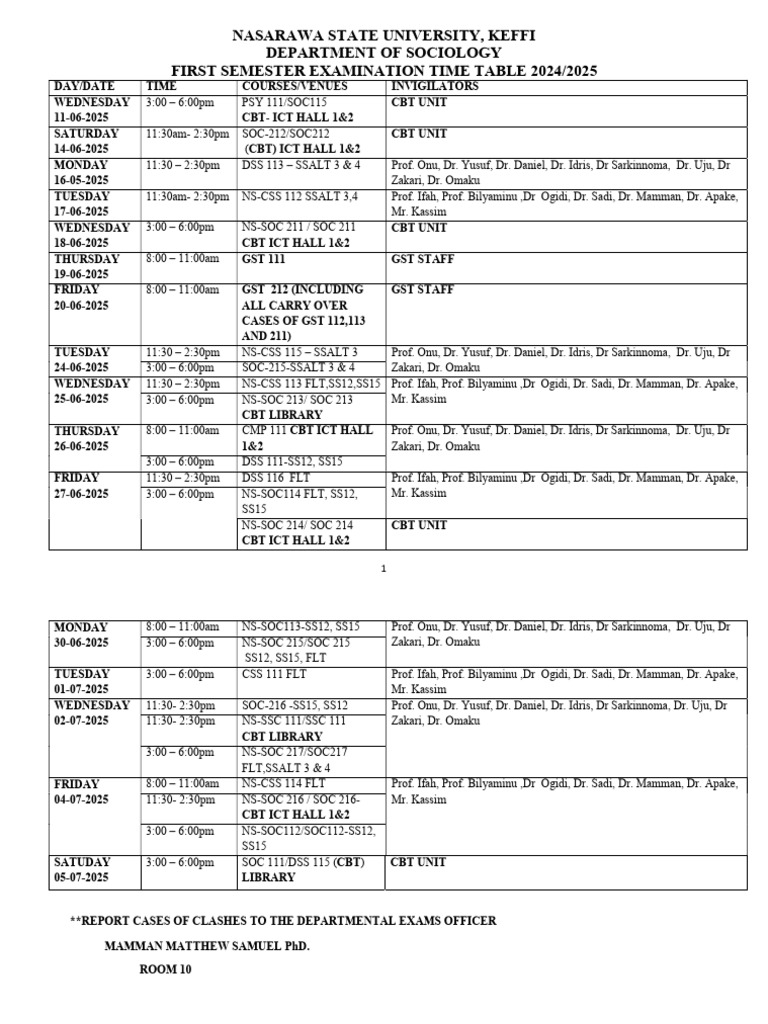 First Semester Exam Timetable 2024/25 | PDF