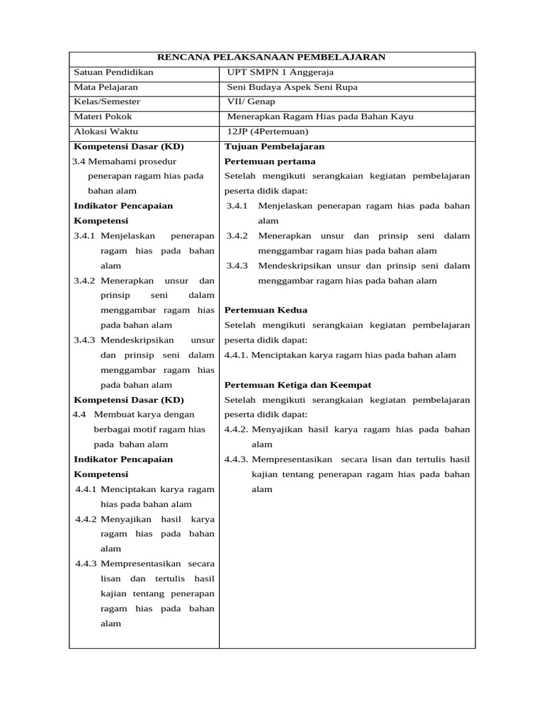 RPP Seni Rupa SMP Kelas 7 Semseter 2 | PDF