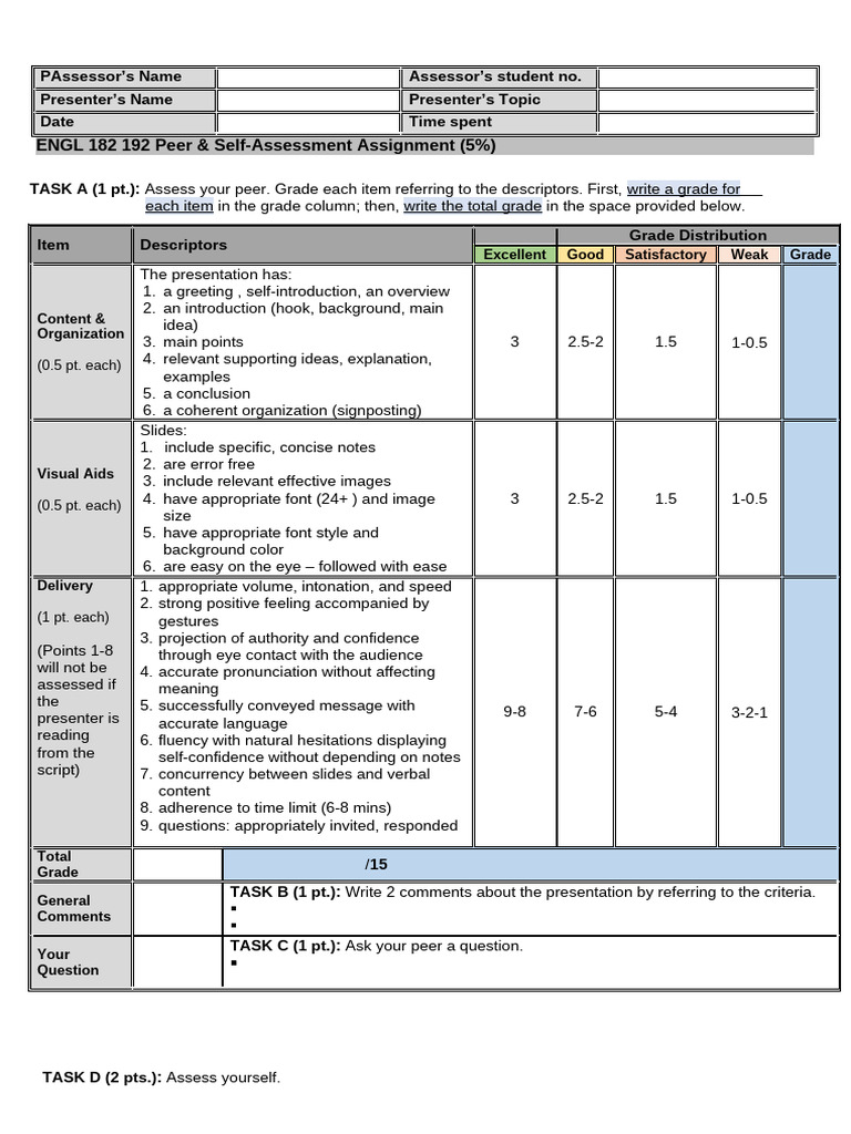 ENGL 192 Peer and Self Assessment Assignment 5 Pts PDF Human