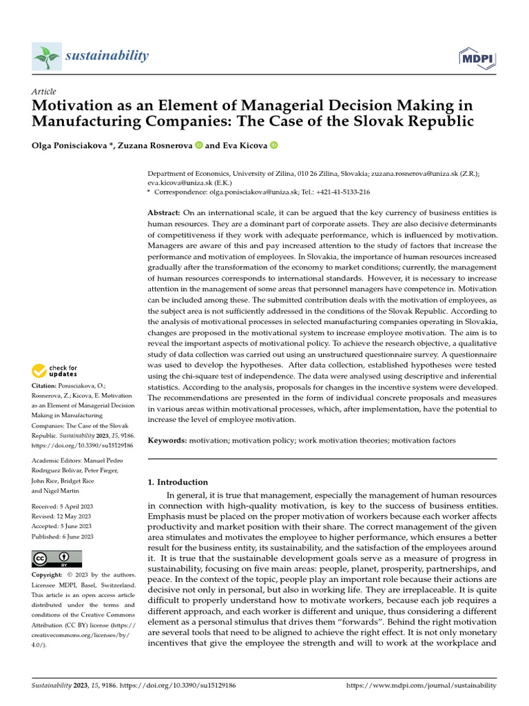 Motivation As An Element of Managerial Decision Making in Manufacturing ...
