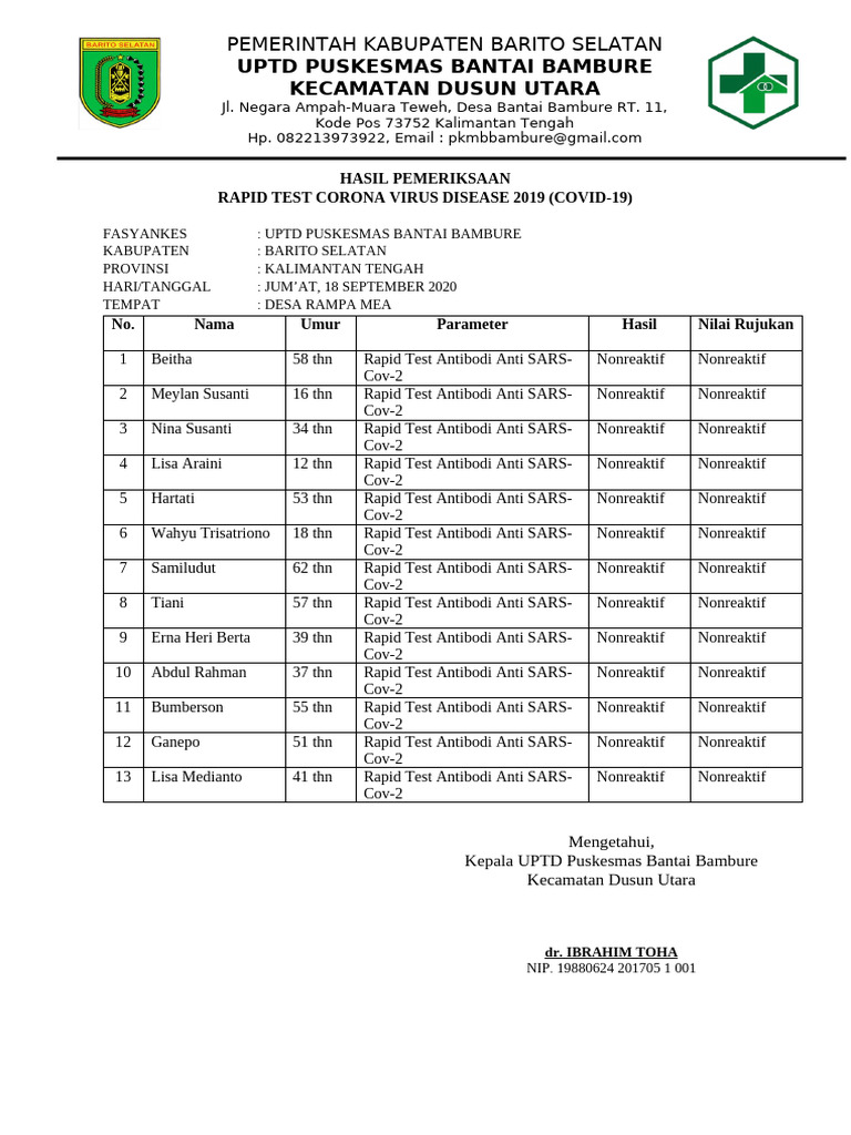 Hasil Rapid Test COVID-19 Barito Selatan | PDF