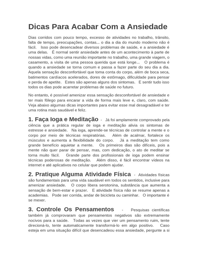 Dicas Práticas para Combater a Ansiedade | PDF | Ansiedade | Meditação