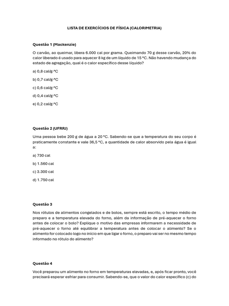 Exercícios de Calorimetria em Física | PDF | Calor | Temperatura