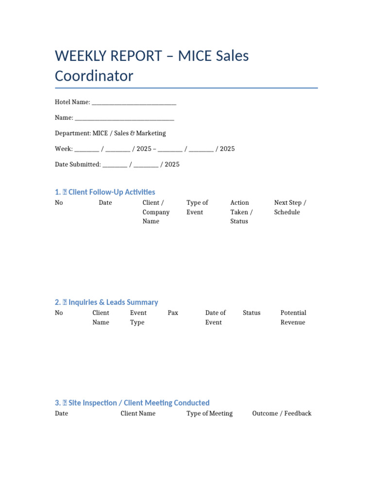 Weekly MICE Sales Coordinator Report | PDF