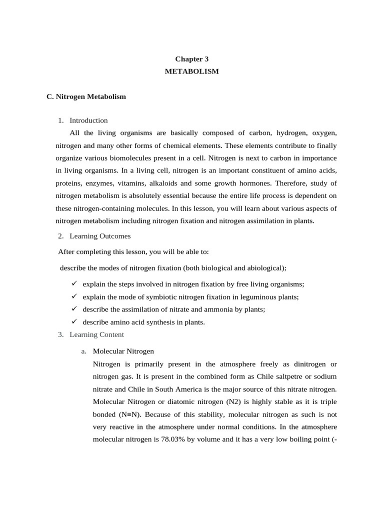 Nitrogen Metabolism in Plants Explained | PDF | Nitrogen | Biosynthesis