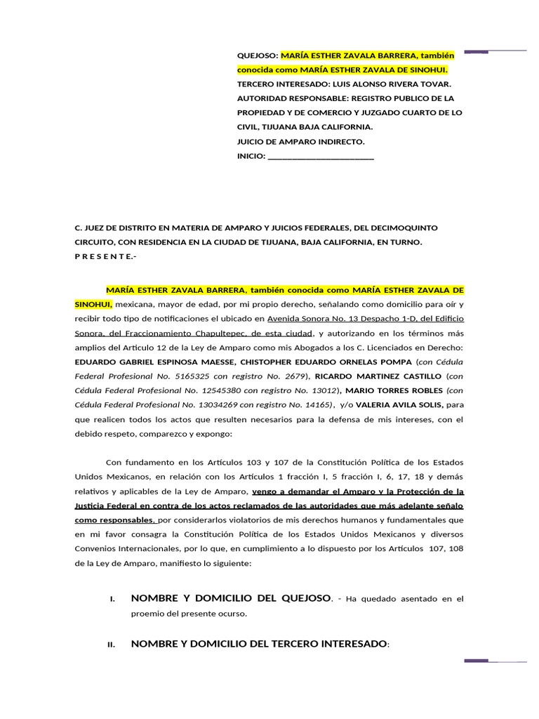 Amparo Indirecto de María Esther Zavala | PDF | Caso de ley | Ley procesal