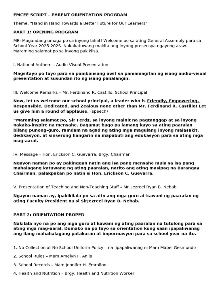 EMCEE Script Parent Orientation Taglish | PDF