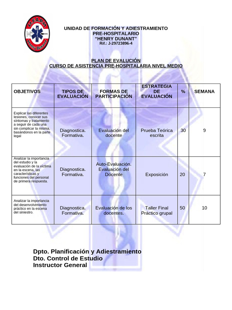 Plan de Evaluación Curso Pre-Hospitalario | PDF