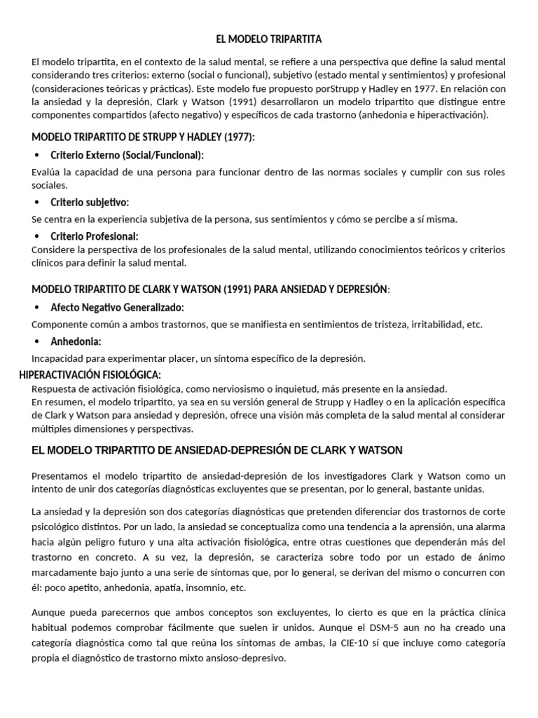 Modelo Tripartito de Ansiedad y Depresión | PDF | Trastorno depresivo ...