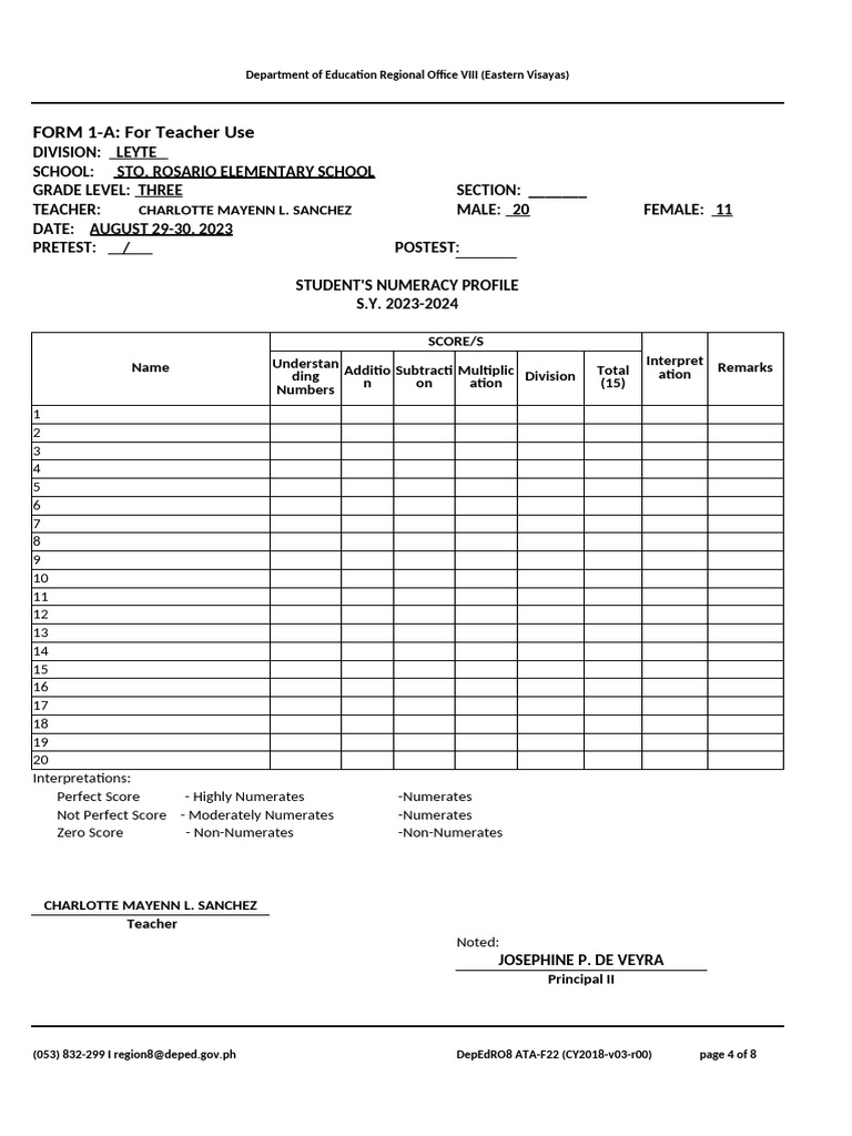 Student Numeracy Profile Form 2023 | PDF