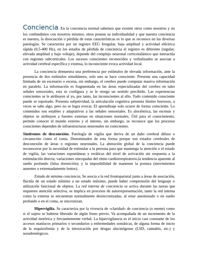 Patologías de la Conciencia y sus Síntomas | PDF | Conciencia ...