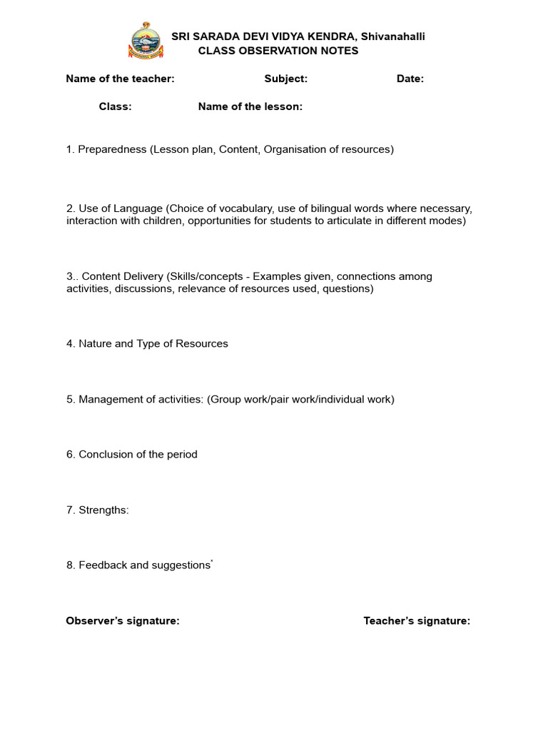 Class Observation Format 2024 Pdf