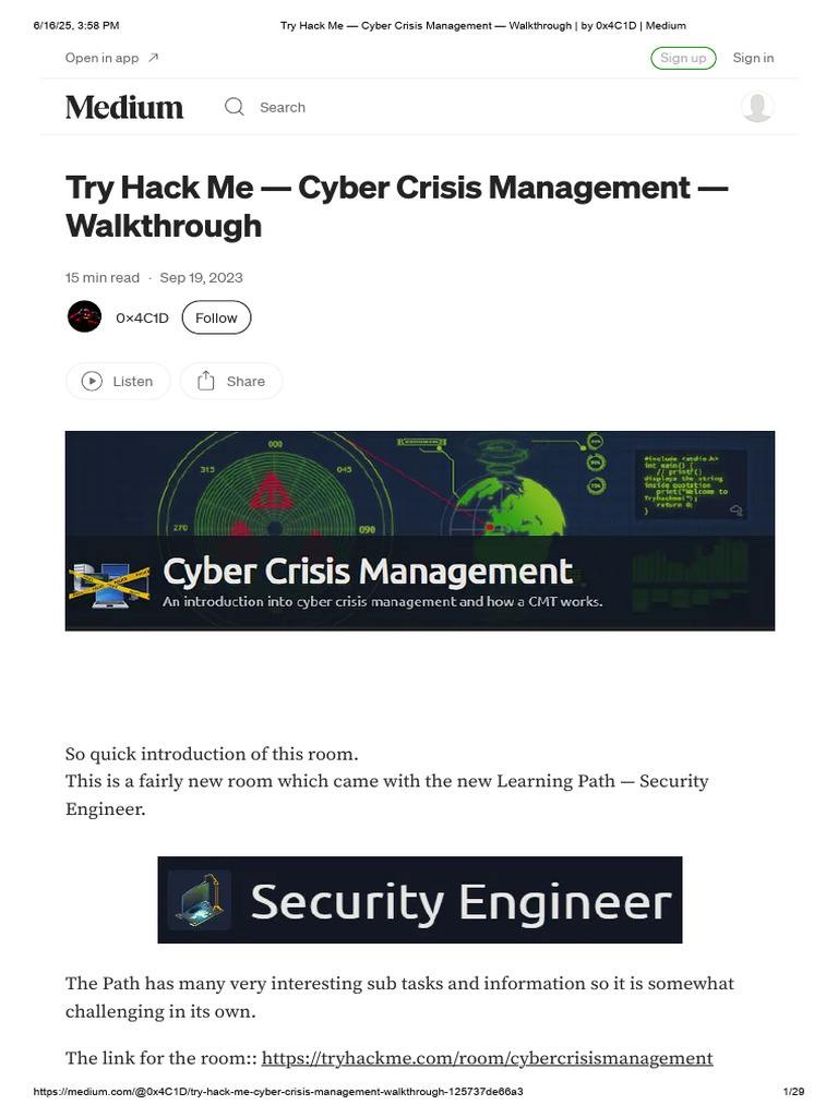 Try Hack Me - Cyber Crisis Management - Walkthrough | PDF | Crisis  Management | Expert