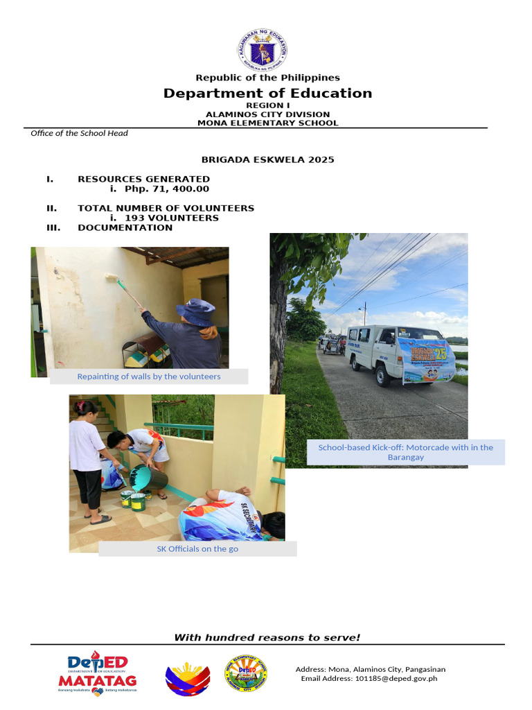 Brigada Eskwela 2025 Initial Report-Mona Es | PDF