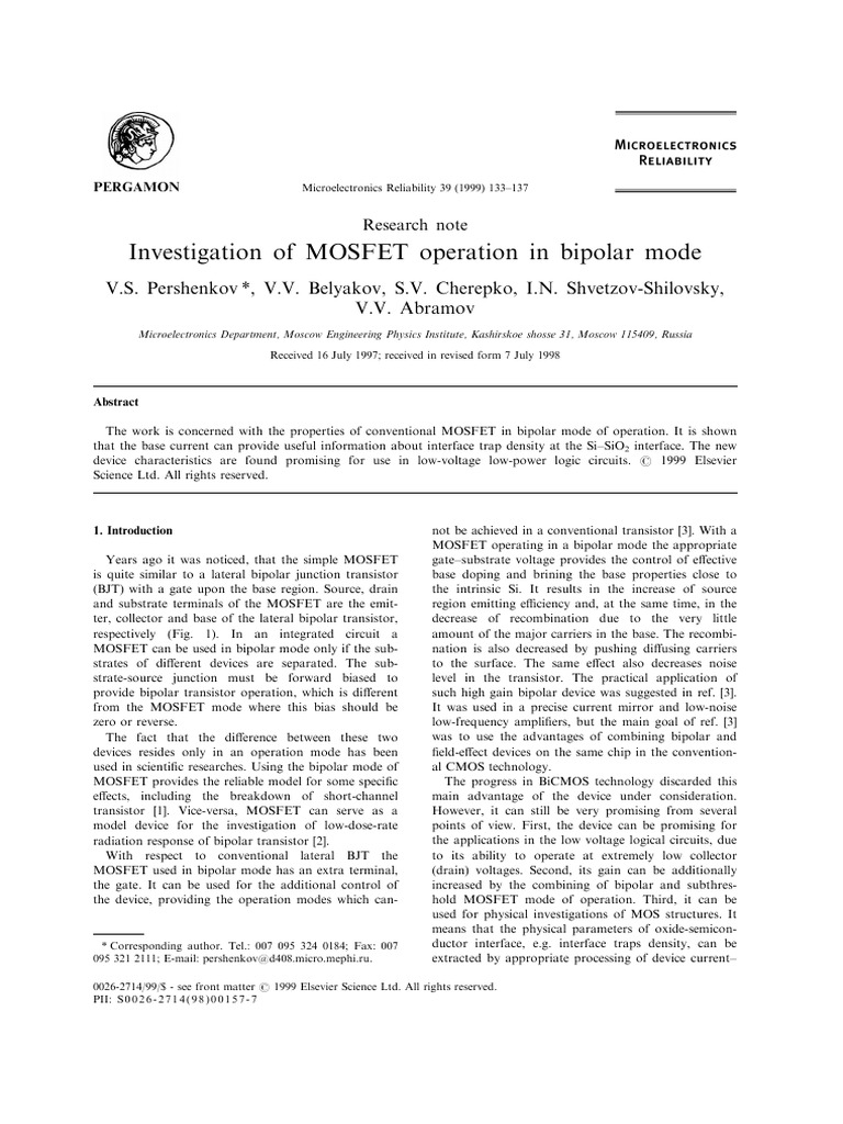 MOSFET Operation in Bipolar Mode Analysis | PDF | Bipolar Junction ...