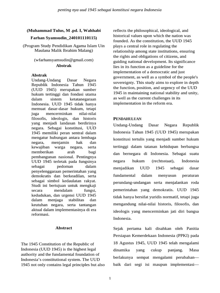 Pentingnya UUD 1945 bagi Indonesia | PDF