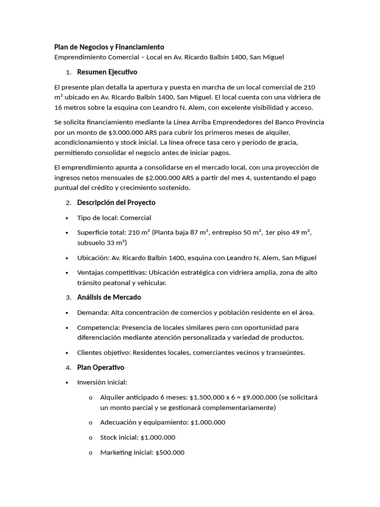 Plan de Negocios para Local en San Miguel | PDF | Iniciativa ...