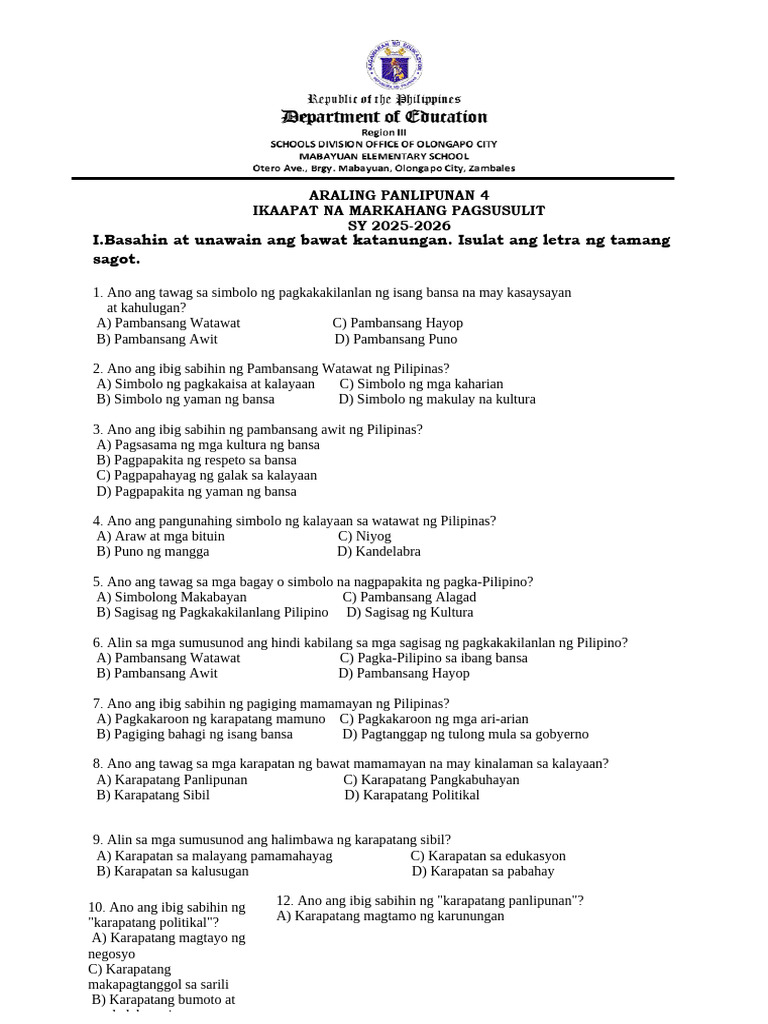 FOURTH PERIODICAL TEST IN ARALING PANLIPUNAN 4 Re Learn | PDF