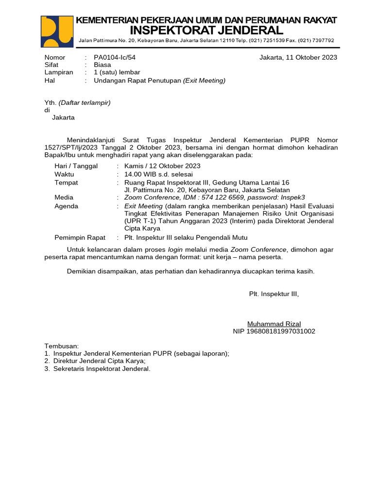 Konsep Undangan Exit Meeting Evaluasi MR Interim DJCK 2023 | PDF