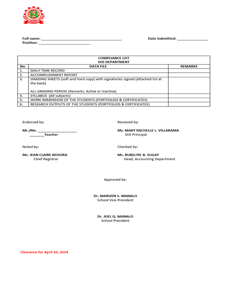Compliance Checklist for SHS Department | PDF