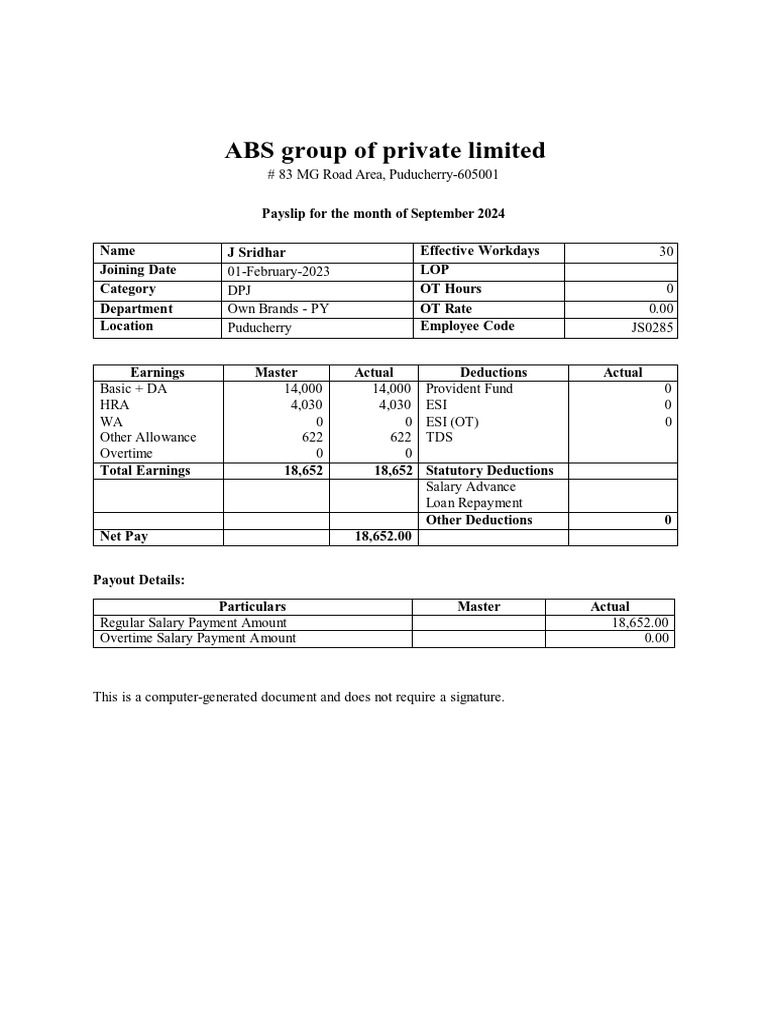ABS Payslip For The Month of Sep2024 | PDF
