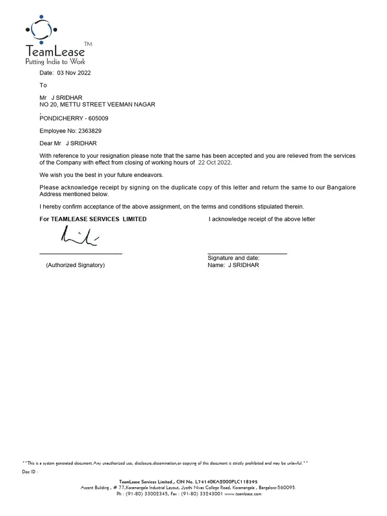 Infosys Relieving Letter for J Sridhar | PDF