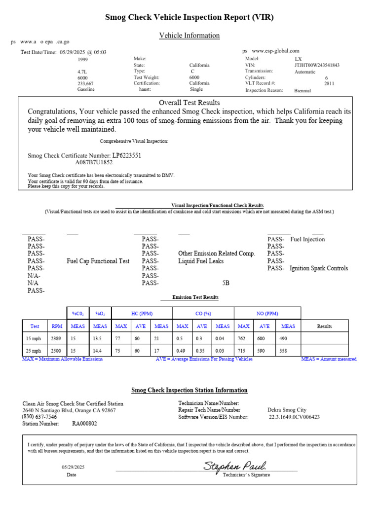 California Smog Check Inspection Report | PDF | Exhaust Gas | Engines