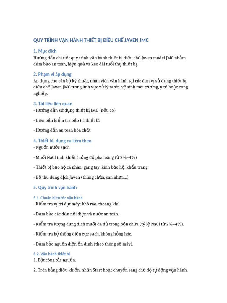 Quy Trinh Van Hanh Thiet Bi Javen JMC | PDF