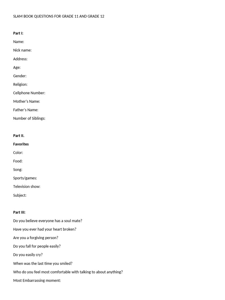 Slam Book Questions for Students | PDF