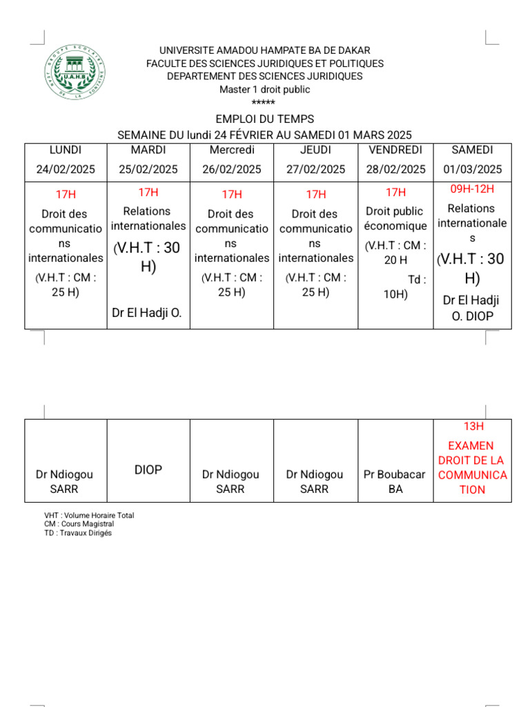 Emploi du temps Master 1 Droit Public | PDF