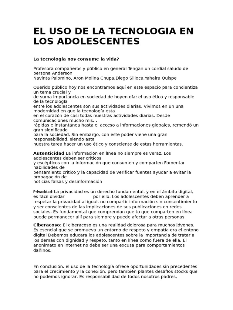 El Uso de La Tecnologia en Los Adolescentes | PDF
