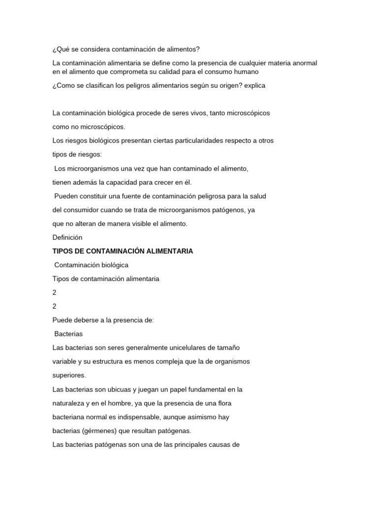 Tipos de Contaminación Alimentaria | PDF | Alimentos | Enfermedades ...