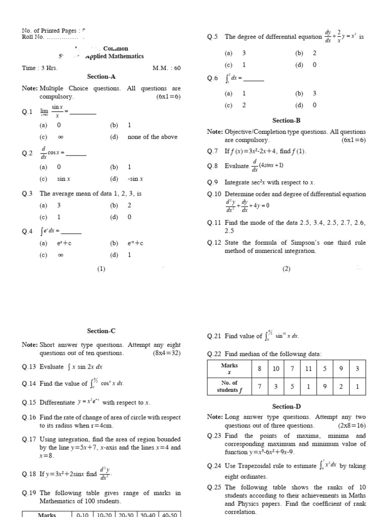 Applied Mathematics Exam Questions | PDF | Area | Calculus