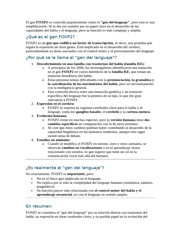 Función y mutaciones del gen FOXP2 | PDF | Gene | Mutación