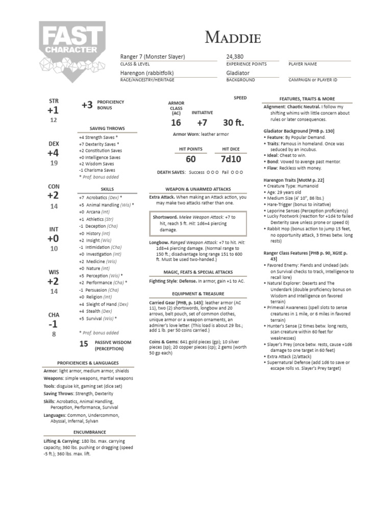 Harengon Ranger 7 Character Sheet | PDF | Role Playing Games