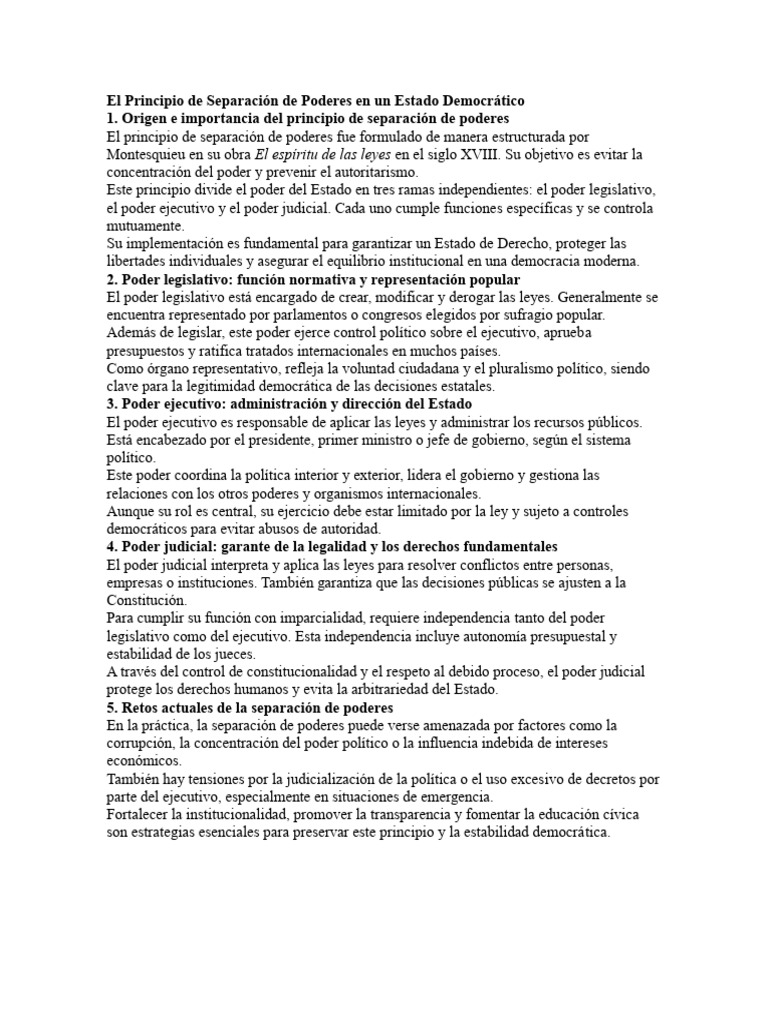 El Principio de Separación de Poderes en Un Estado Democrático | PDF ...