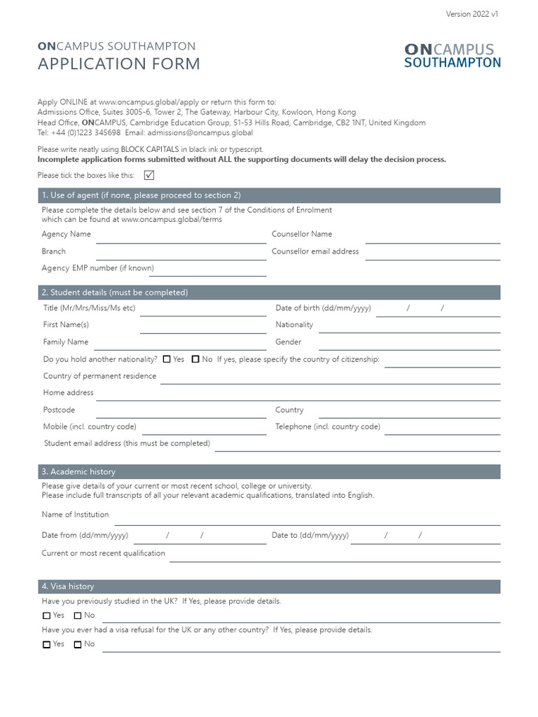 Oncampus Southampton Application Form 2022-23 | PDF | Academic Degree ...