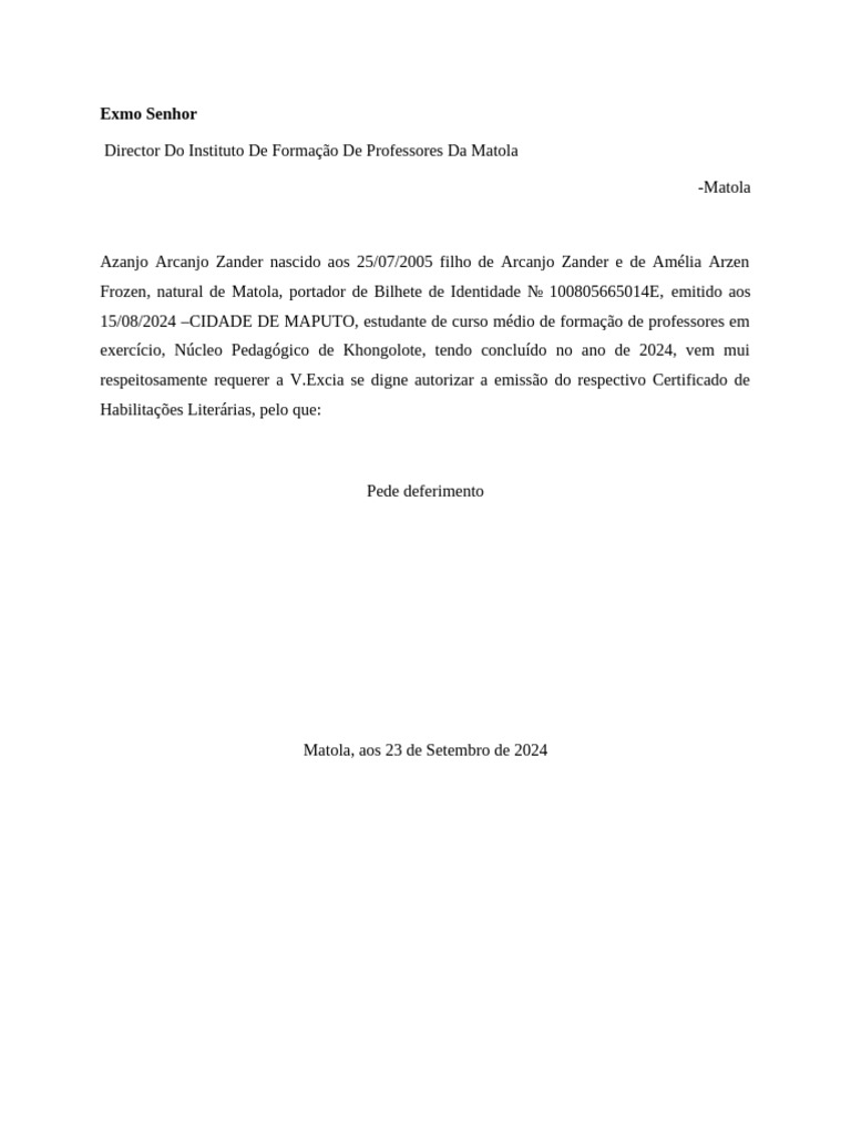 Requerimento - Matola-Minuta-Exmo Senhor Director Do Instituto de ...