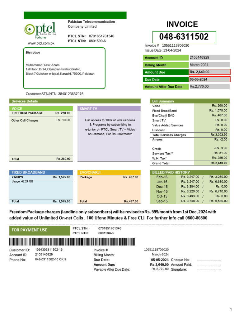 PTCL Invoice Summary and Charges | PDF | Service Industries ...