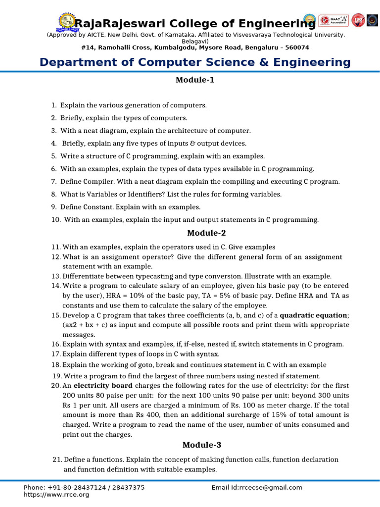 C Programming Module 1 Key Questions | PDF | Pointer (Computer ...