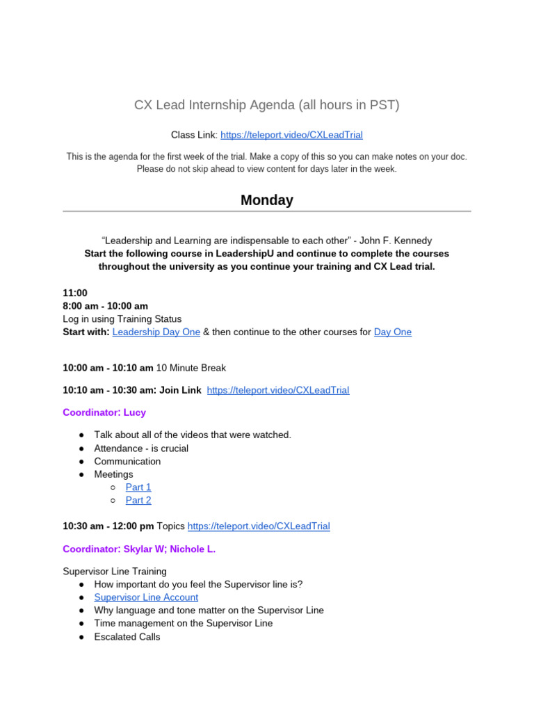 CX Lead Internship Agenda - Associate | PDF