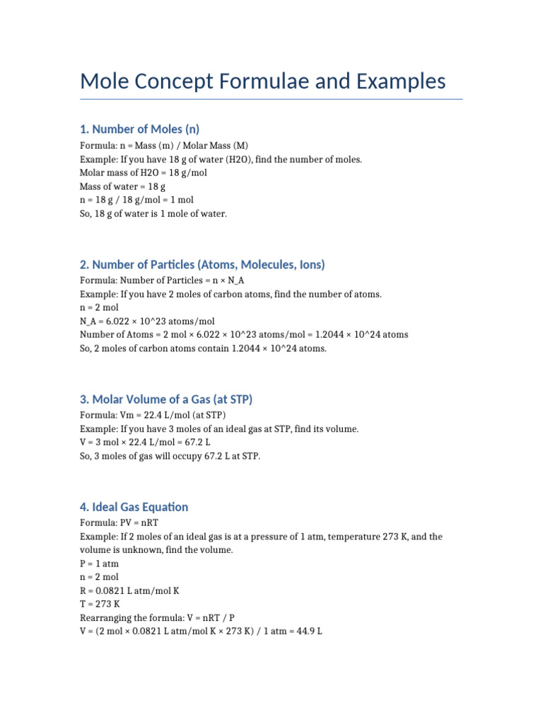 Mole Concept Formulae and Examples | PDF | Mole (Unit) | Gases