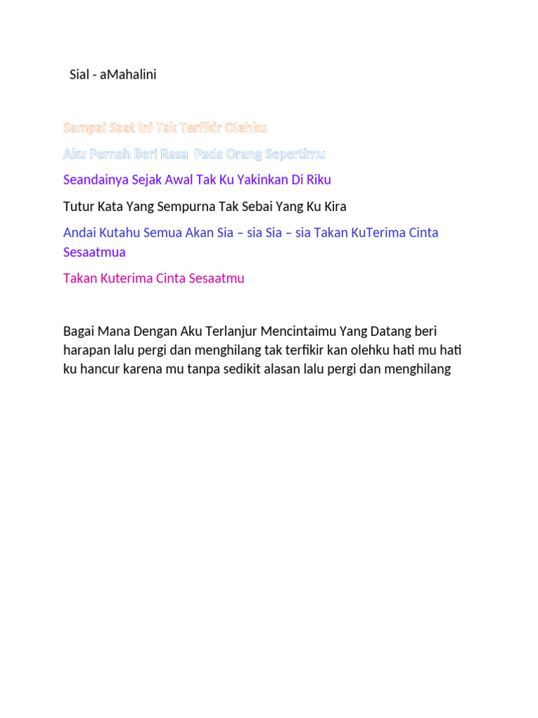Lirik Lagu "Sial" oleh Mahalini | PDF