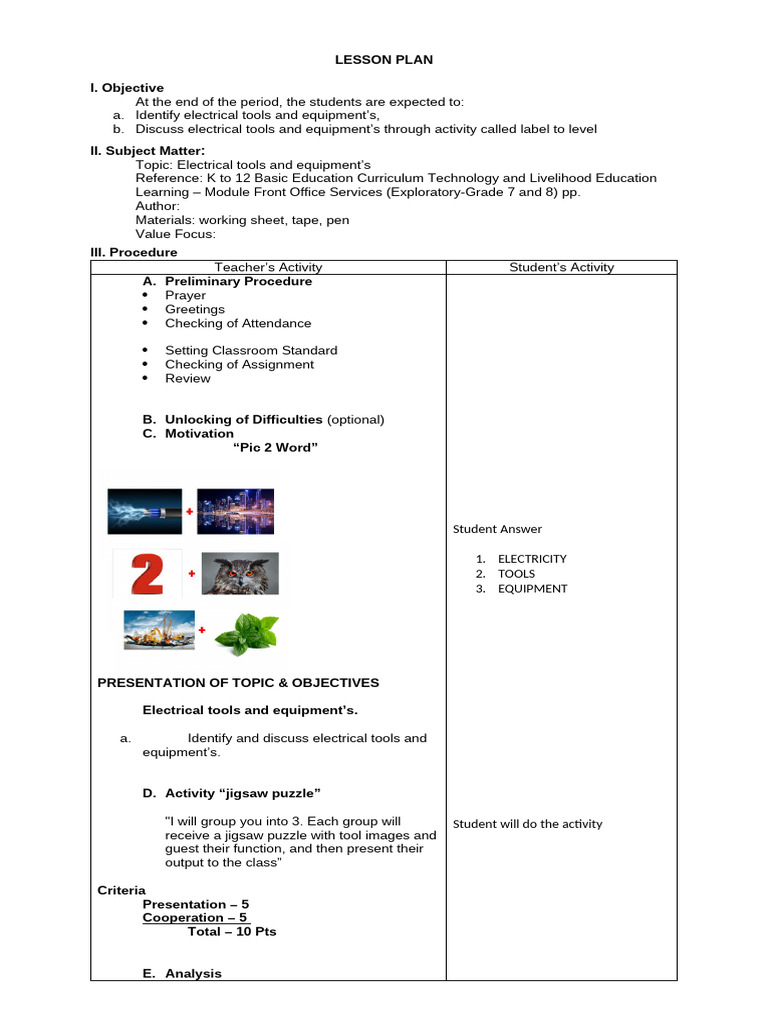Electrical Tools and Equipment Lesson Plan | PDF | Hammer | Screw