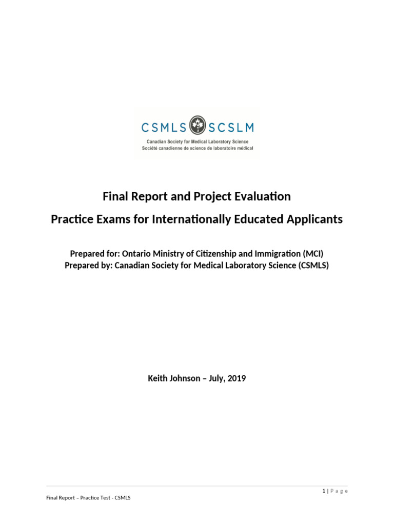 CSMLS Practice Test Evaluation Report | PDF | Multiple Choice