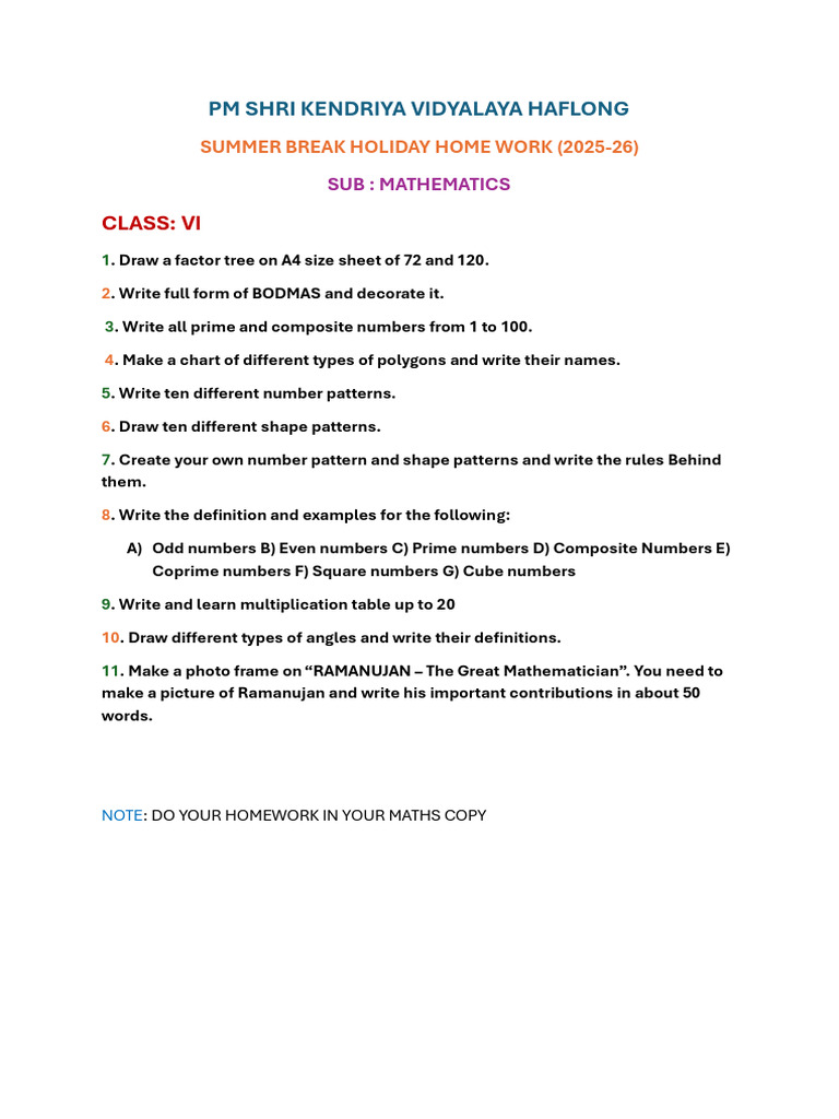 VI Maths Summer Homework 2025-26 | PDF