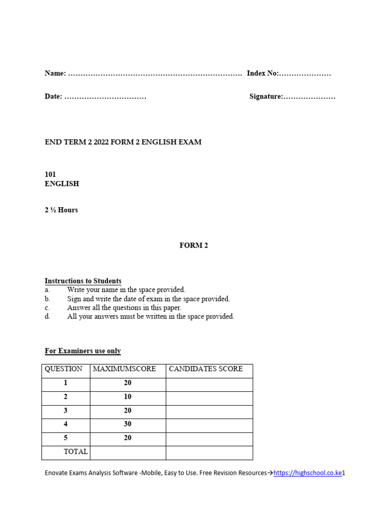 ENGLISH Form 2 Term 2 End Term Exam | PDF | Linguistics | Grammar